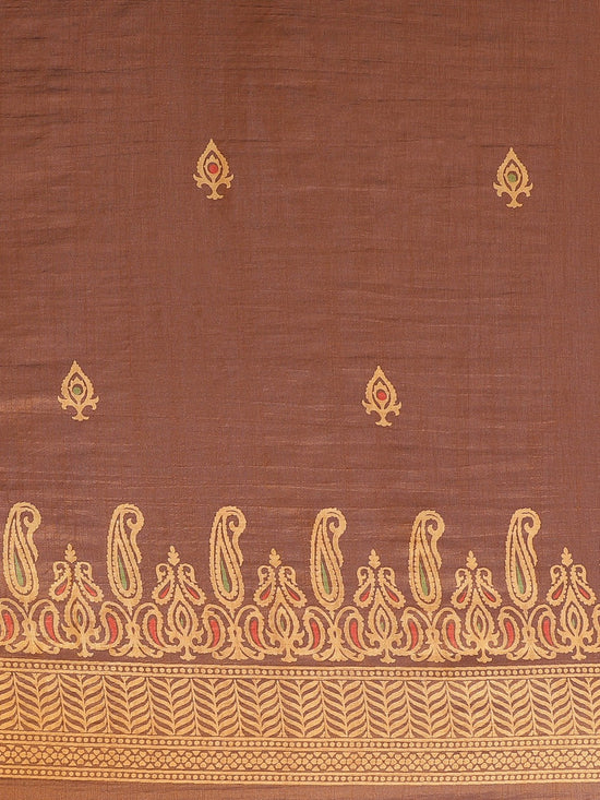 Brown Printed Silk Blend Saree