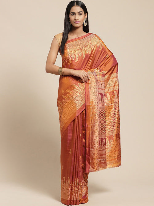 Brown Printed Silk Blend Saree