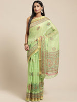 Green Printed Cotton Blend Saree