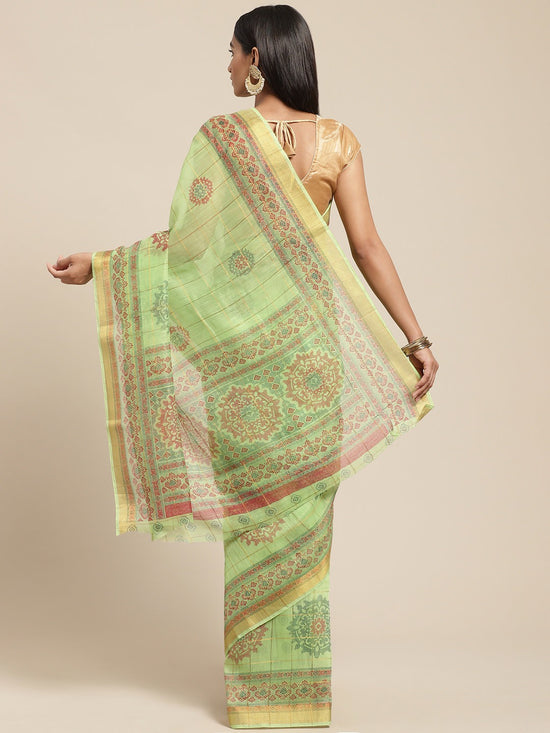 Green Printed Cotton Blend Saree