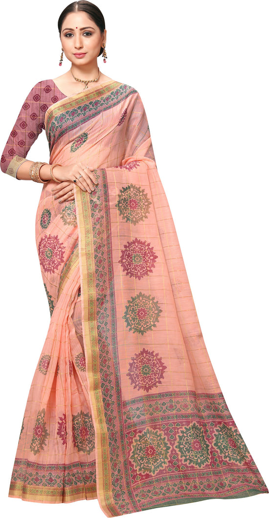 Pink Printed Art Silk Saree