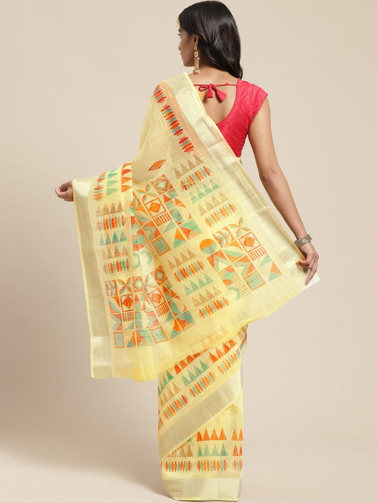 Yellow Printed Cotton Blend Saree