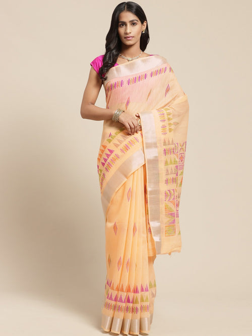 Orange Printed Cotton Blend Saree