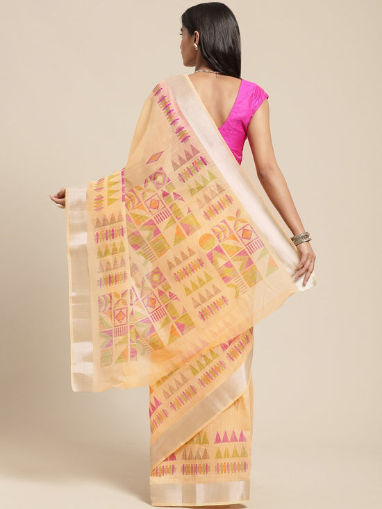 Orange Printed Cotton Blend Saree