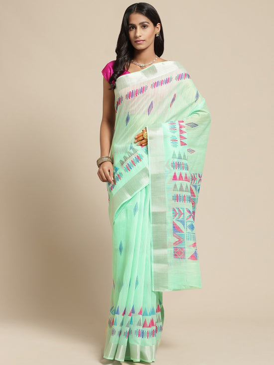 Green Printed Cotton Blend Saree