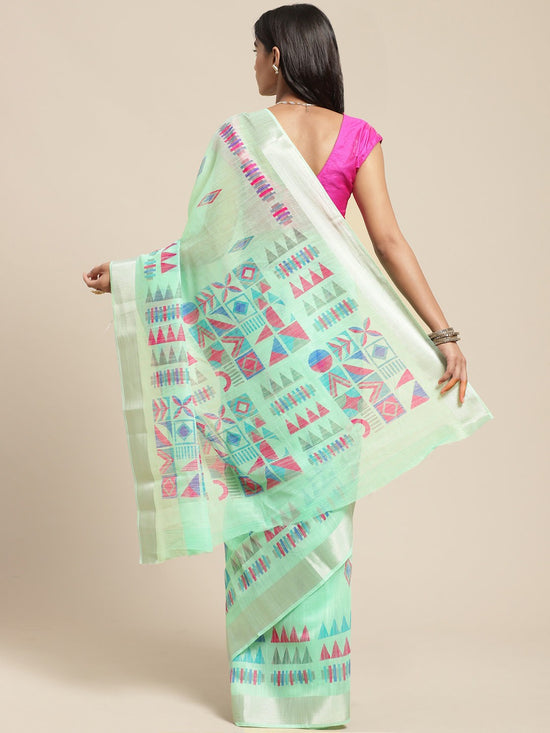 Green Printed Cotton Blend Saree