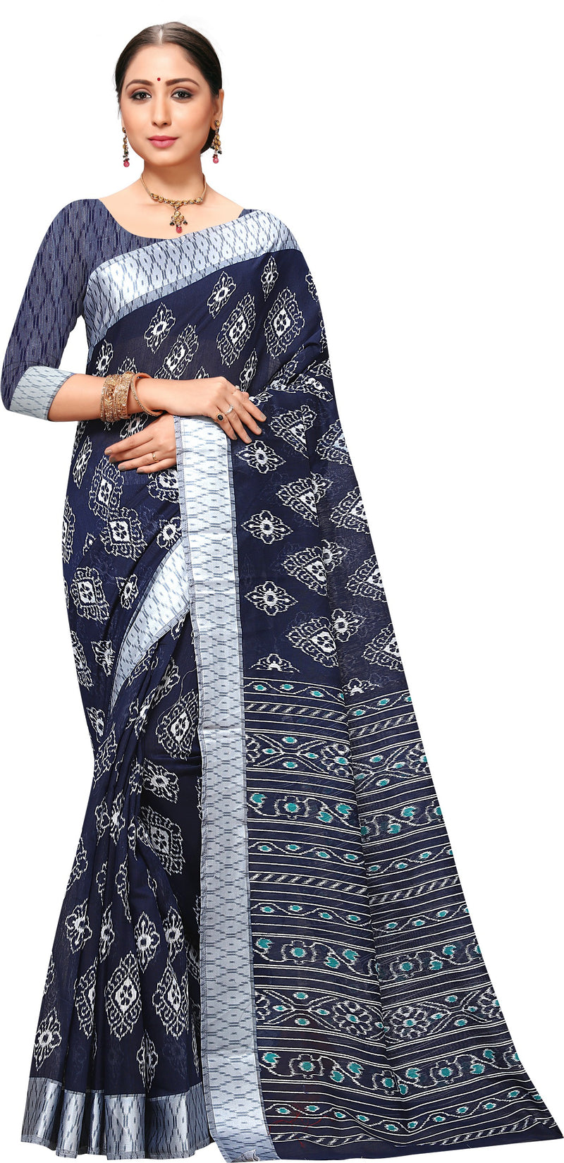SWORNOF Women's Lucknowi Linen cotton Woven Sarees For Women with Blouse  (BLUE) : Amazon.in: Fashion