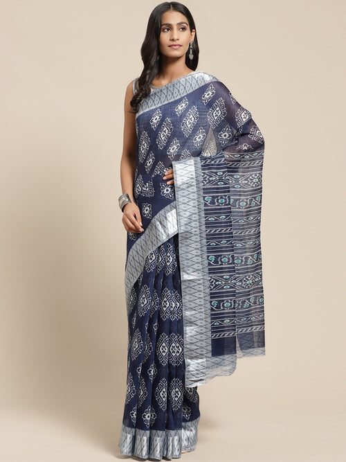 Blue Printed Cotton Blend Saree