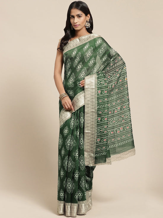 Green Printed Cotton Blend Saree