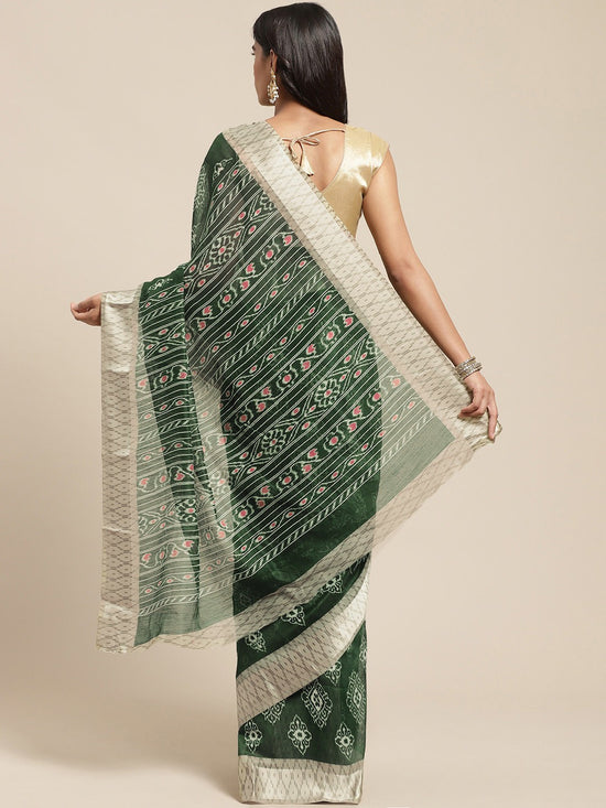 Green Printed Cotton Blend Saree