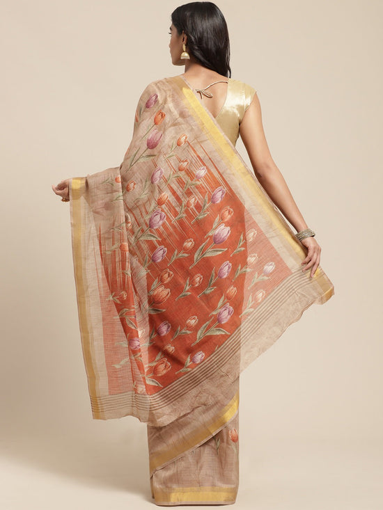 Beige Printed Cotton Blend Saree