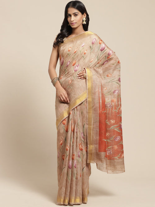 Beige Printed Cotton Blend Saree