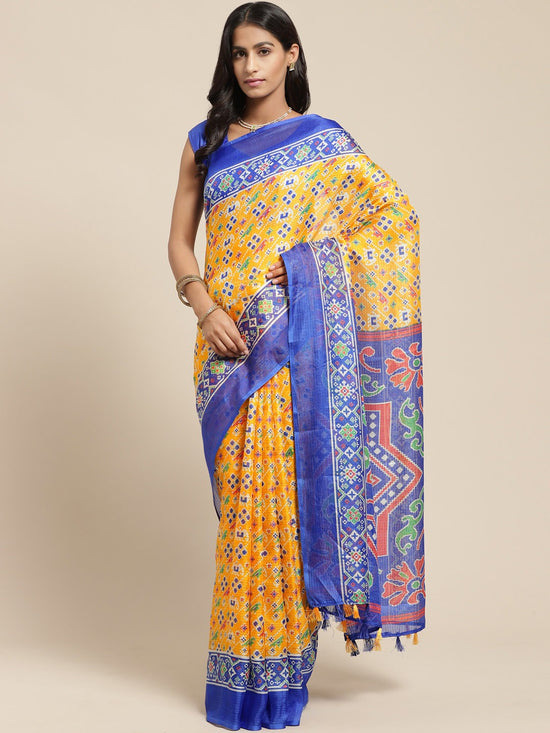 Yellow Printed Cotton Blend Saree