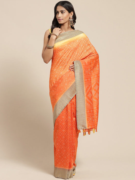 Orange Printed Cotton Blend Saree