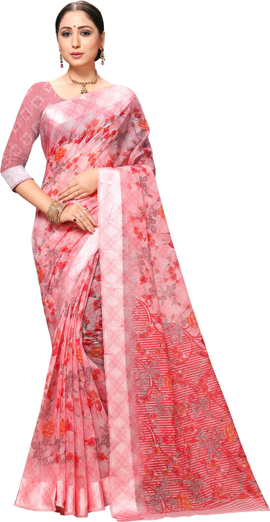 Pink Printed Art Silk Saree