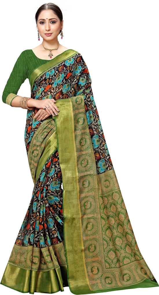 Green Printed Art Silk Saree