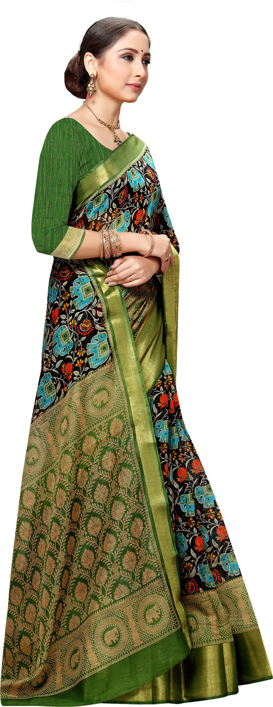 Green Printed Art Silk Saree