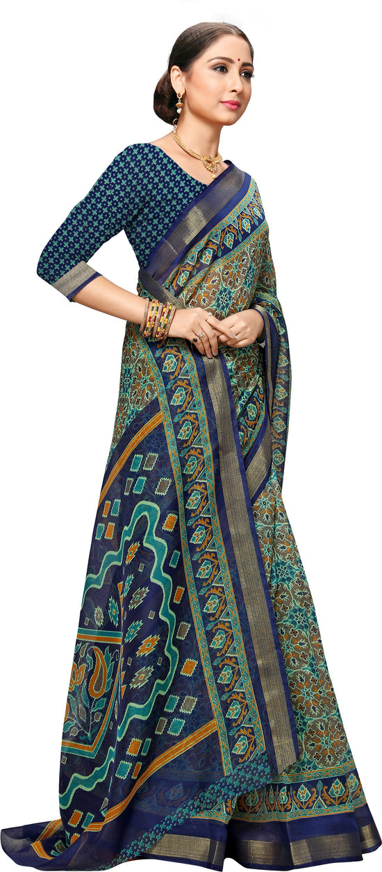 Blue Printed Art Silk Saree