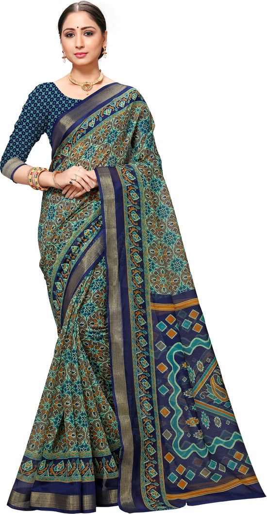 Blue Printed Art Silk Saree