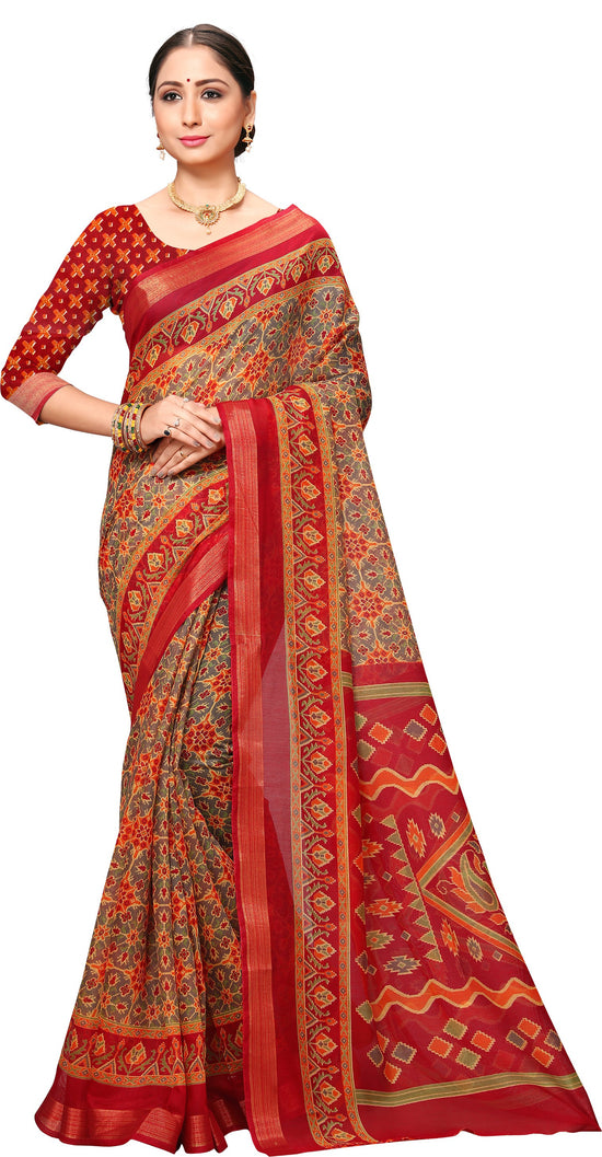 Red Printed Art Silk Saree