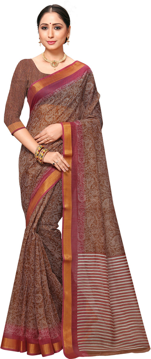 Brown Printed Art Silk Saree