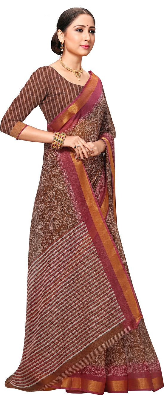 Brown Printed Art Silk Saree