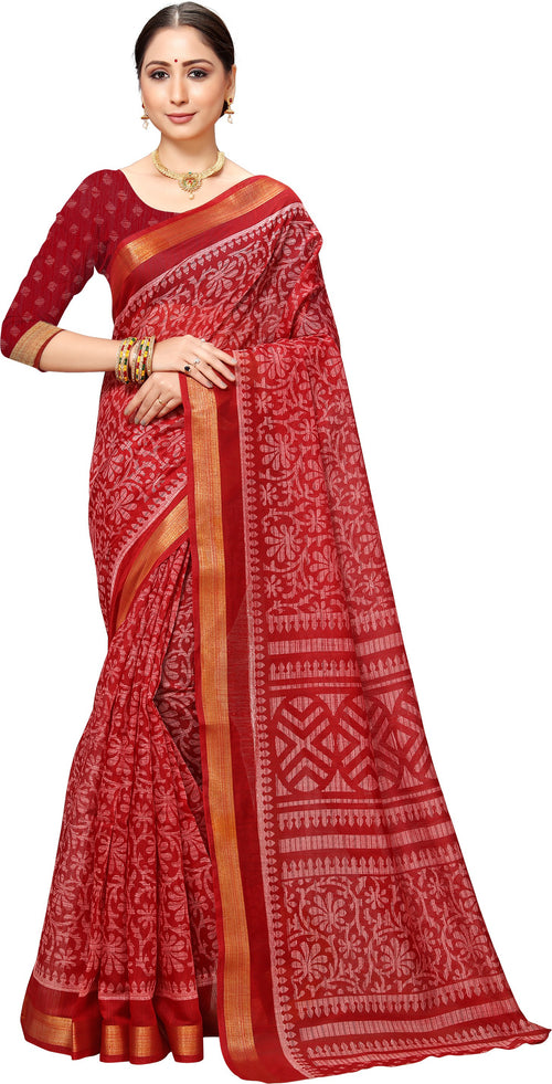 Red Printed Art Silk Saree