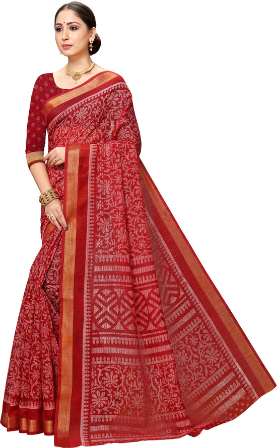 Red Printed Art Silk Saree