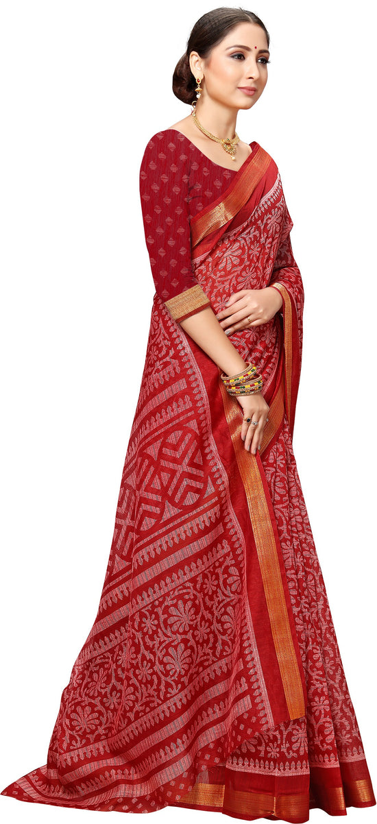 Red Printed Art Silk Saree