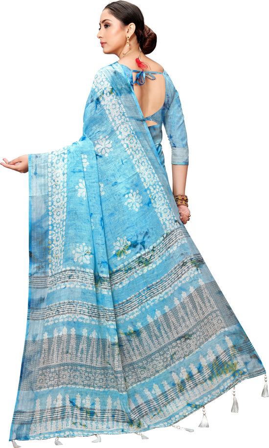 Blue Printed Art Silk Saree