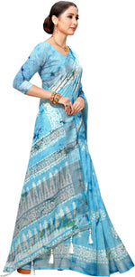 Blue Printed Art Silk Saree