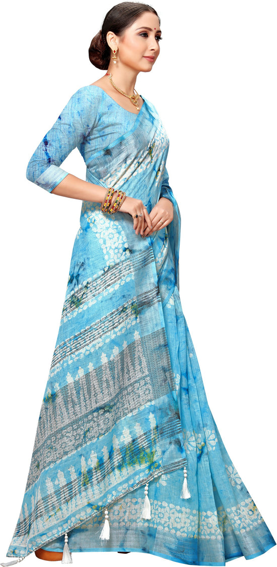 Blue Printed Art Silk Saree