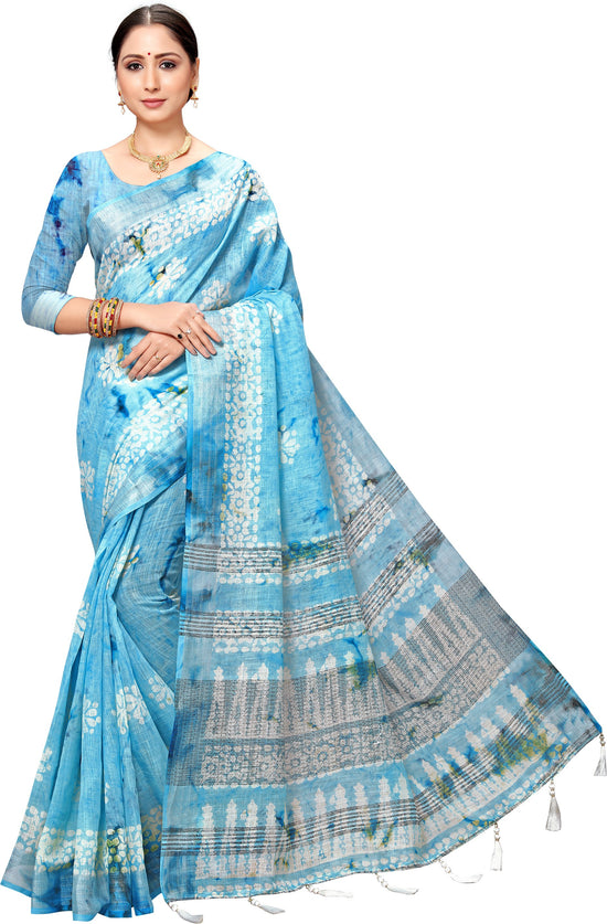 Blue Printed Art Silk Saree