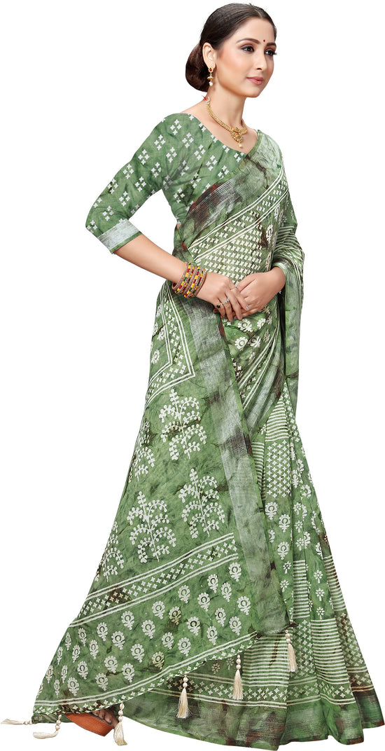 Green Printed Art Silk Saree