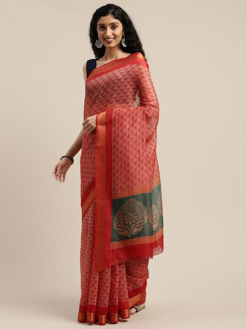 Red Printed Art Silk Saree