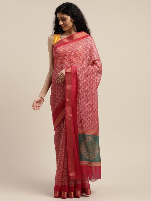 Pink Printed Art Silk Saree