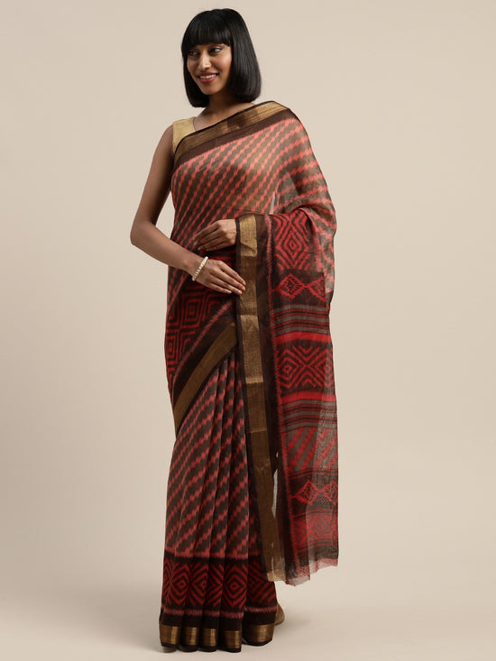 Brown Printed Art Silk Saree