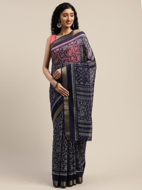 Dark Blue Printed Art Silk Saree