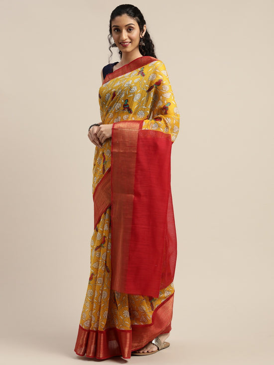 Yellow Printed Art Silk Saree