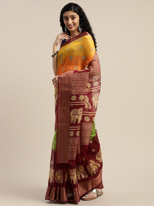 Yellow Printed Art Silk Saree