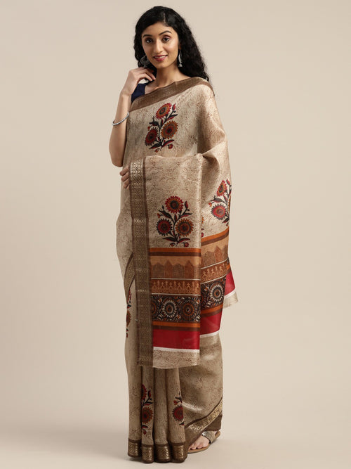 Beige Printed Art Silk Saree