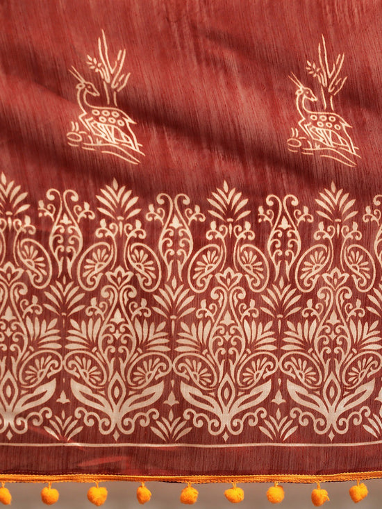 Brown Printed Art Silk Saree