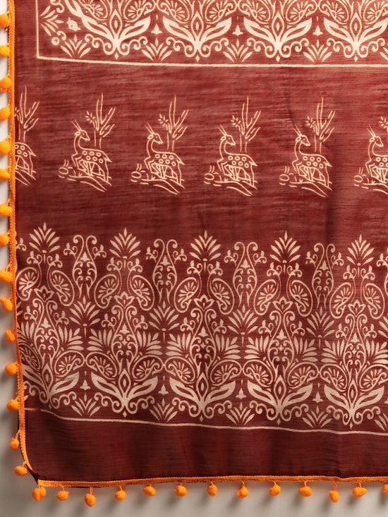 Brown Printed Art Silk Saree