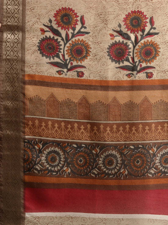 Beige Printed Art Silk Saree