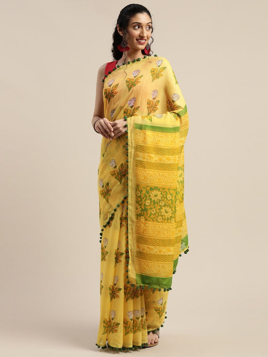 Yellow Printed Art Silk Saree