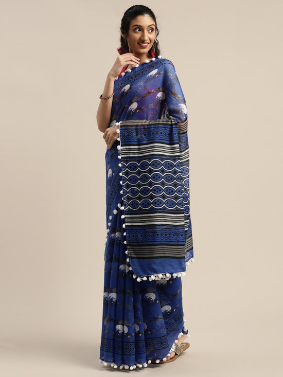 Blue Printed Art Silk Saree