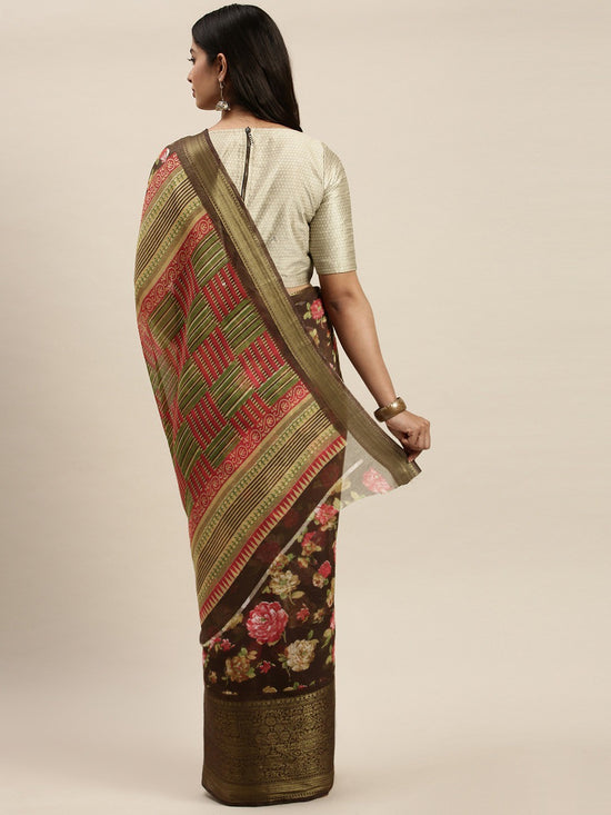 Brown Printed Art Silk Saree