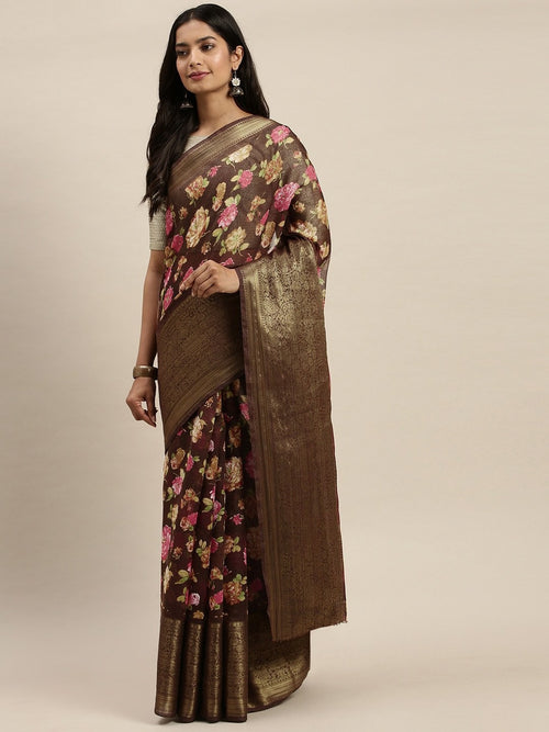 Brown Printed Art Silk Saree