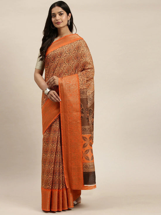 Orange Printed Art Silk Saree