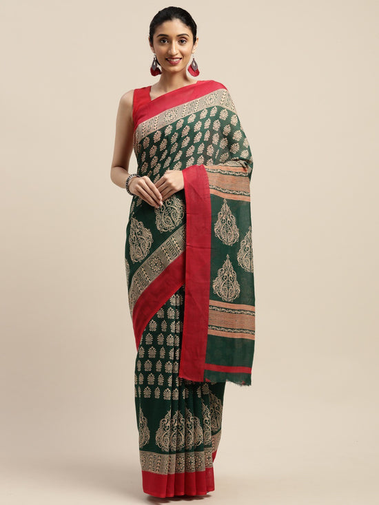 Dark Green Printed Art Silk Saree